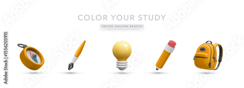 Bright Education 3D Tools Featuring Compass, Paintbrush, Bulb, Pencil, And Backpack. Ideal For Creative Learning And School Projects. Editable And Colorful Vector Illustration For Any Concept.