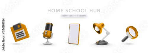 Home School Essentials With Microphone, Smartphone, Desk Lamp, Magnifier, And Floppy Disk Icon. Ideal For E-Learning, Remote Study, Or Podcasting Projects. Editable Vector Illustration Format.