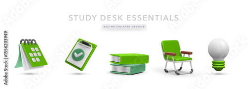 Educational 3D Objects Including Calendar, Checklist, Books, Study Chair, And Lightbulb. Perfect For Classroom Decor, School Design Kits, Or Stationery Packs. Vector Illustration.