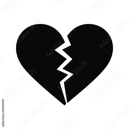 Simple black silhouette of a broken heart with a jagged crack down the middle