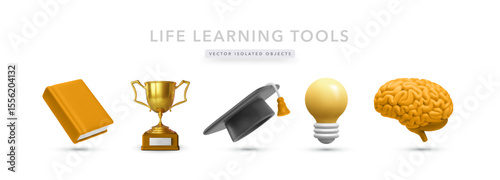 Education 3D Icons Set Featuring Book, Trophy, Cap, Lightbulb, And Brain. Ideal For Knowledge, Growth, Intelligence, And Academic Success Themes. Colorful Vector Illustration.