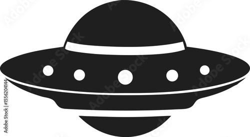 Flying saucer silhouette with domed top and circular lights in classic UFO shape