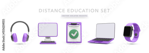 3D Digital Learning Kit With Headphones, Desktop Monitor, Checklist, Laptop, And Smartwatch. Ideal For Online Classes, Remote Work, And Study Apps. Clean Style Vector Illustration.