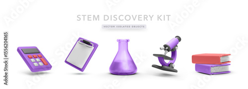 STEM Education Kit With Calculator, Clipboard, Flask, Microscope, And Books. Perfect For Science Projects, Research, And Learning Resources. Clean Style Vector Illustration.