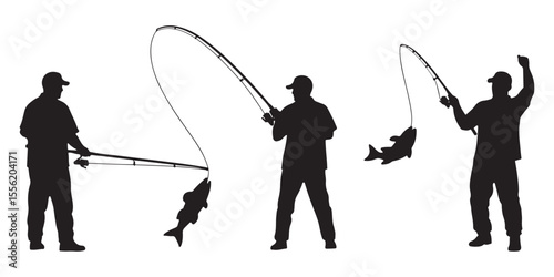 Silhouettes of fishermen actively reeling in fish using fishing rods