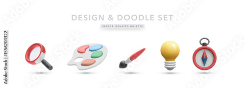 Creative Tools Icons Including Magnifying Glass, Color Palette, Brush, Lightbulb, And Compass In 3D Cartoon Style. Ideal For Design, Exploration, And Innovation Concepts. Vector Illustration.
