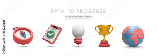 Progress Icons Including Compass, Checklist, Lightbulb, Trophy, And Globe In Colorful 3D Cartoon Style. Great For Personal Development, Success, And Global Goals. Vector Illustration.
