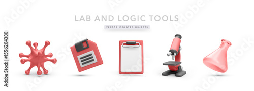 Science And Lab Icons Including Microscope, Virus Cell, Flask, Save Symbol, And Clipboard In Colorful 3D Cartoon Style. Ideal For Medical Or Research Topics. Vector Illustration.