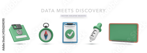 Education And Science Icons Including Chalkboard, Compass, Syringe Dropper, Save Icon, And Checklist In Colorful 3D Style. Perfect For School And Research Topics. Vector Illustration.