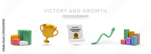 Growth and Achievement Icons Including Bar Charts, Golden Trophy, Certificate, and Rising Arrow in Smooth 3D Style. Perfect for Business, Success, and Statistics. Vector Illustration.