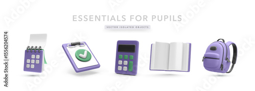 School Essentials Icons Set Featuring Notebook, Checklist, Calculator, Open Book, and Backpack in Playful 3D Style. Perfect for Students, Homework, and Learning Projects. Vector Illustration.