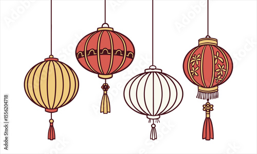 Vector set of Chinese lanterns in line art style, decorations for the Lunar new year, lantern festival or mid autumn festival