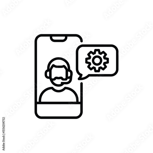 Customer support agent with headset and gear icon in speech bubble on smartphone screen