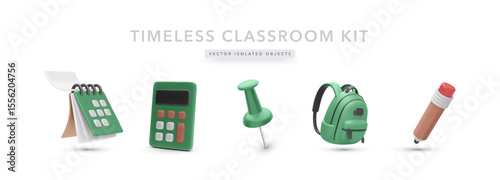 School and Study Essentials Icons Featuring Calendar, Calculator, Pin, Backpack, and Pencil in Fun 3D Style. Great for Educational Projects, Planning, and Kids Learning. Vector Illustration.