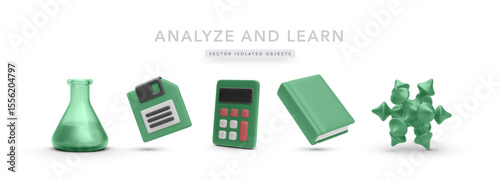 Science and Technology Education Icons Including Flask, Disk, Calculator, Book, and Molecule in Clean 3D Style. Great for STEM, Research, and School Projects. Vector Illustration.