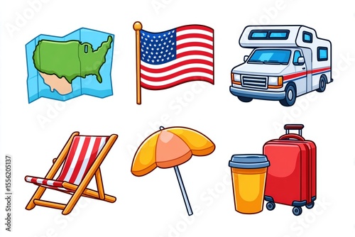 Patriotic Independence Day Travel Icon Set with Road Trip Map, Camper Van, Beach Chair, Suitcase, Travel Mug on White Background
