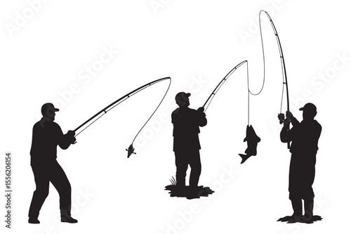 Set of black fisherman icon silhouettes in different poses