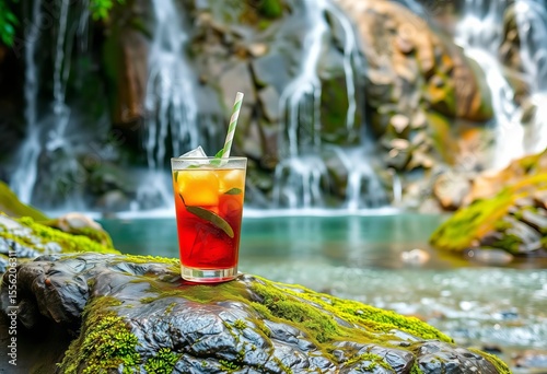 Refreshing waterfall backdrop, iced drink rests on mossy rock,  water,  can