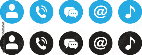 A simple, modern vector icon set featuring five essential contact and media symbols enclosed in circular buttons — user profile, phone call, chat, email, and musical note