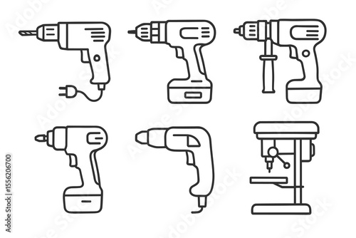 Electric cordless drills and drill press icons line art collection