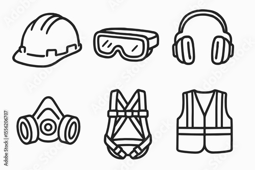 Safety equipment icons - hard hat, goggles, ear protection, mask, harness, vest