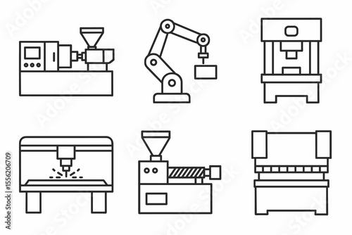 Industrial machinery icons: injection molding, robotic arm, cnc machine