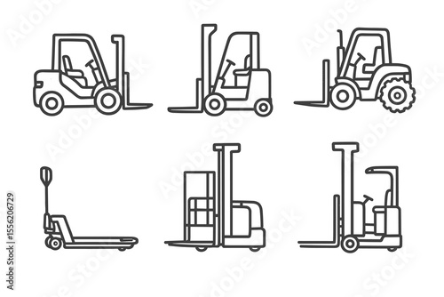 Outline illustrations of various forklifts and pallet trucks