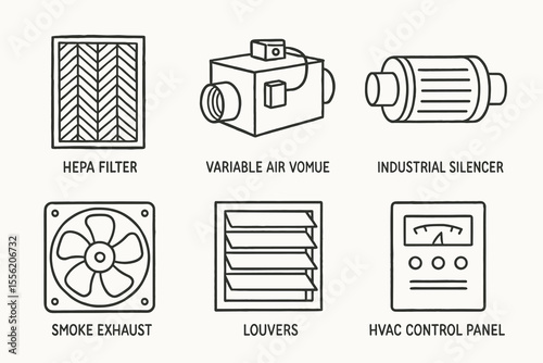 Hvac components diagram: hepa filter, vav, silencer, smoke exhaust, louvers, control panel