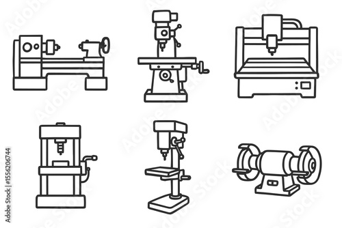 Industrial machines icons set: lathe, drill, cnc, press, grinder