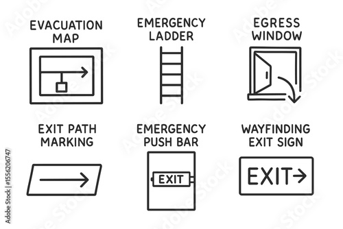 Emergency evacuation icons set: map, ladder, window, exit markings, signs