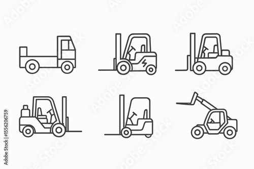Forklift and truck icons set: line art illustrations of industrial vehicles