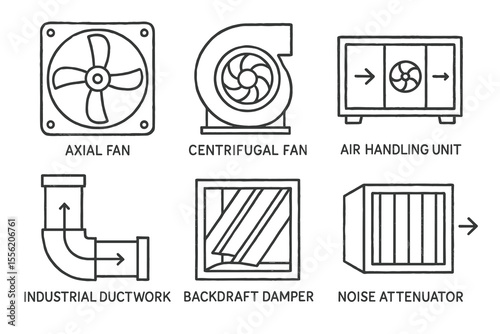 Illustration of hvac components: axial fan, centrifugal fan, air handling unit, ductwork, damper, attenuator