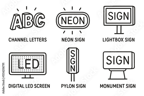 Different types of signage: channel letters, neon, lightbox, led, pylon, monument