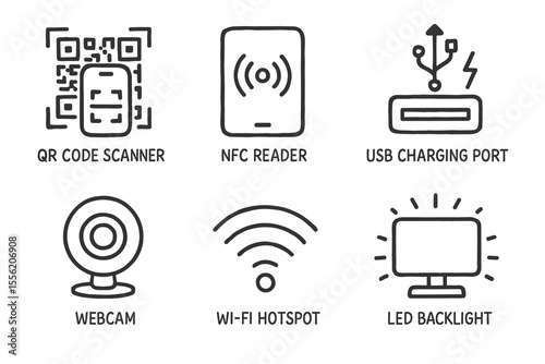 Tech icons: qr code, nfc, usb, webcam, wi-fi, led