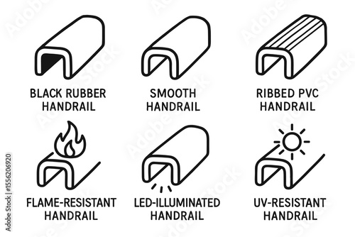 Six types of handrails: black rubber, smooth, ribbed pvc, flame-resistant, led-illuminated, uv-resistant