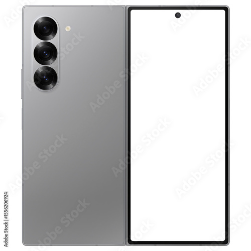 Photo of foldable smartphone similar to android device without background. Silver shadow color. Template for mockup. Only frame, without screen	
