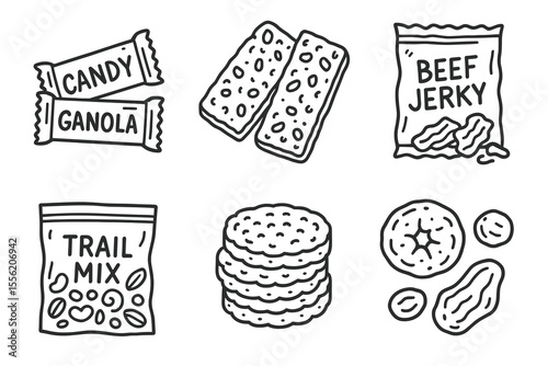 Hand-drawn snack illustrations: candy, granola, beef jerky, trail mix, crackers, cookies, peanuts