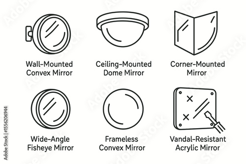 Various safety mirrors: wall-mounted, ceiling-mounted, corner-mounted, wide-angle, frameless, vandal-resistant