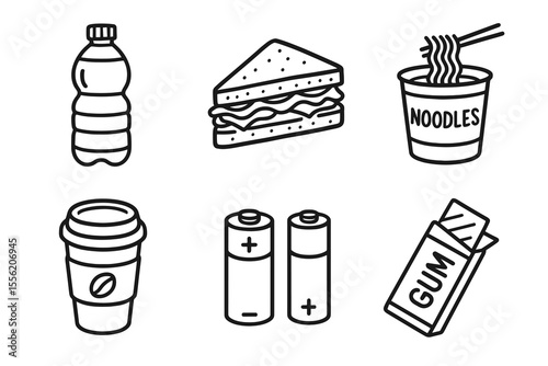 Outline icons of water bottle, sandwich, noodles, coffee, batteries, gum