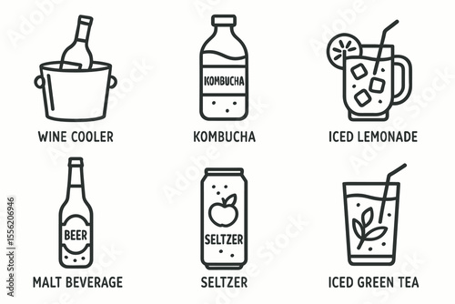 Collection of drink icons: wine cooler, kombucha, iced lemonade, malt beverage, seltzer, iced green tea