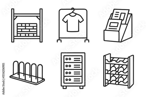 Line art icons of shelving units, clothing rack, literature holder, and server cabinet