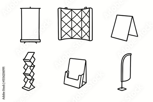 Outline icons of display stands and banners for presentations and advertising