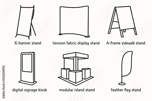 Display signage stands illustration: x-banner, tension fabric, a-frame, digital kiosk, modular island, feather flag