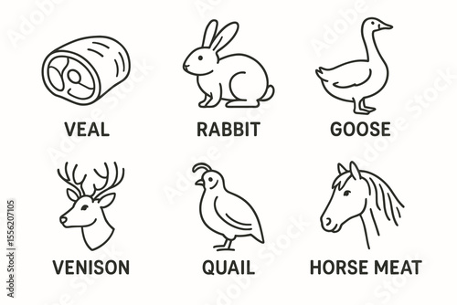 Outline illustrations of veal, rabbit, goose, venison, quail, and horse meat