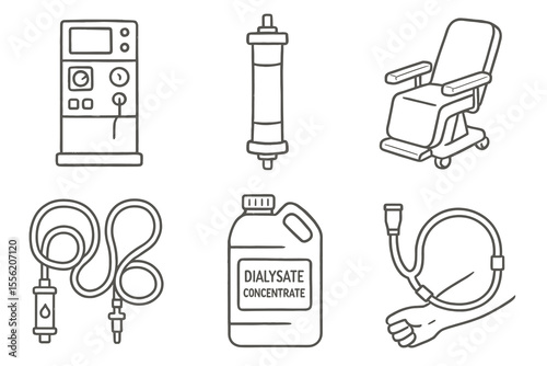 Dialysis equipment set: machine, filter, chair, tubing, dialysate, access