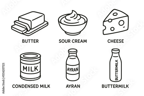 Illustrated dairy products: butter, sour cream, cheese, milk, ayran, buttermilk