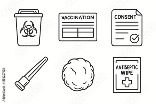 Icons of biohazard waste, vaccination card, consent form, pipette, cotton ball, antiseptic wipe