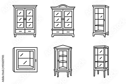 Variety of display cabinets: line art of glass cabinets with shelves