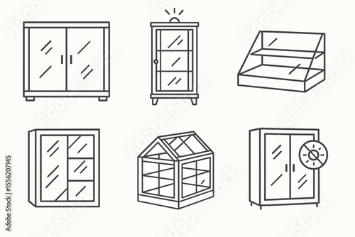 Minimalist line art of various glass display cases and cabinets