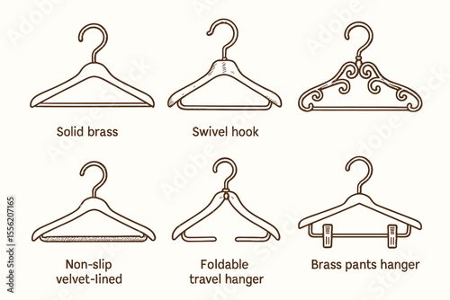 Various hanger designs: brass, swivel, velvet-lined, foldable, brass pants